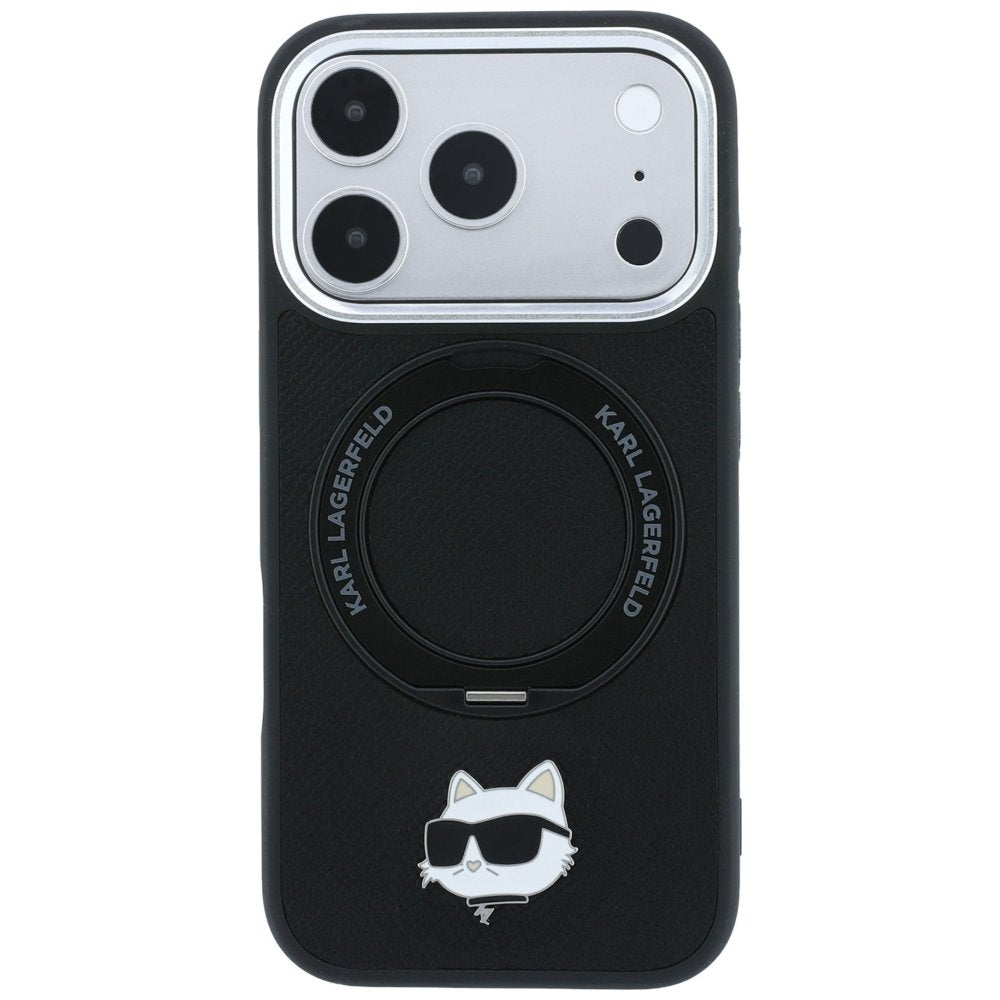 Karl Lagerfeld ar gredzenveida statīvu 360 Choupette Head Pin MagSafe vāciņu iPhone 18 Pro / 17 Pro, melns