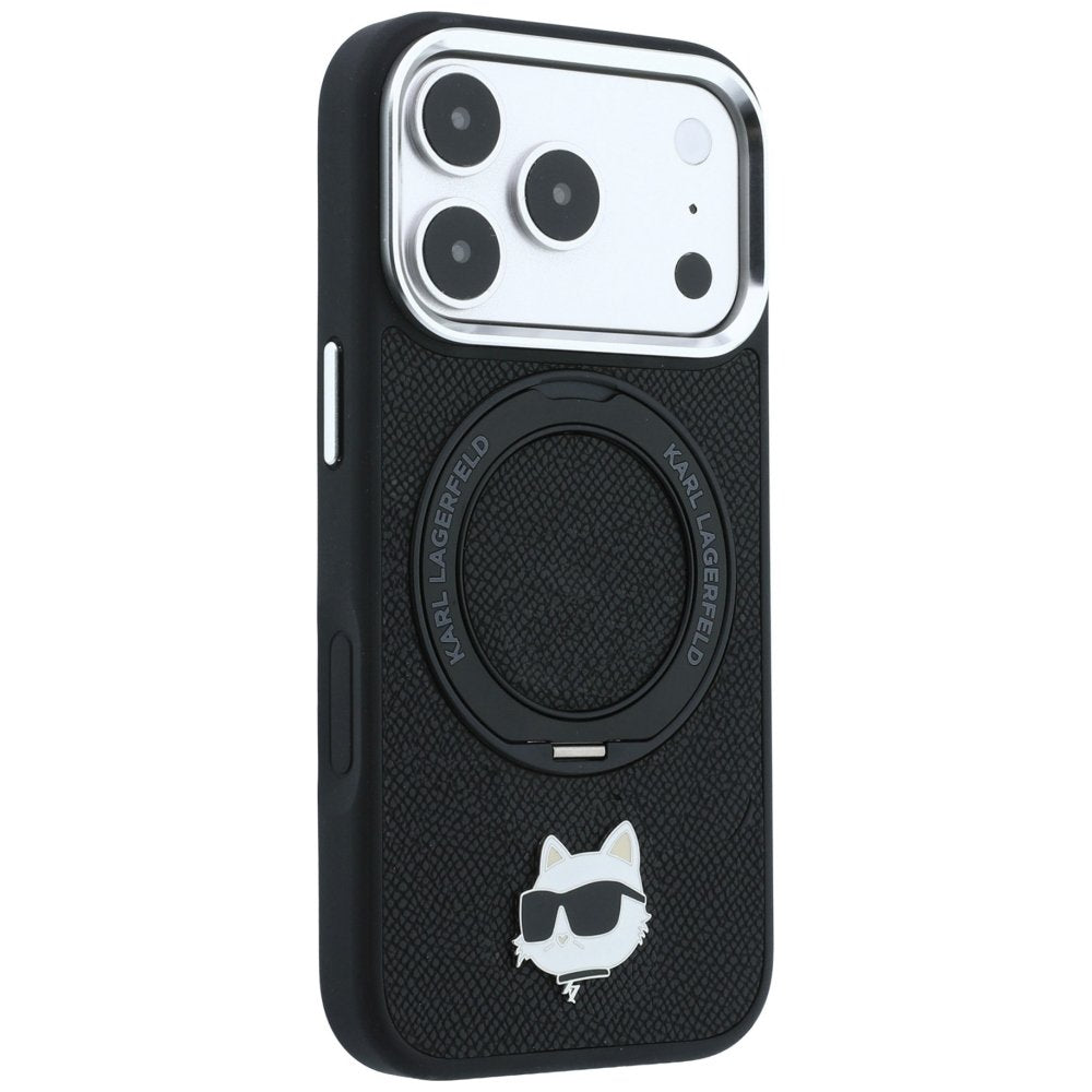 Karl Lagerfeld ar gredzenveida statīvu 360 Choupette Head Pin MagSafe vāciņu iPhone 18 Pro / 17 Pro, melns