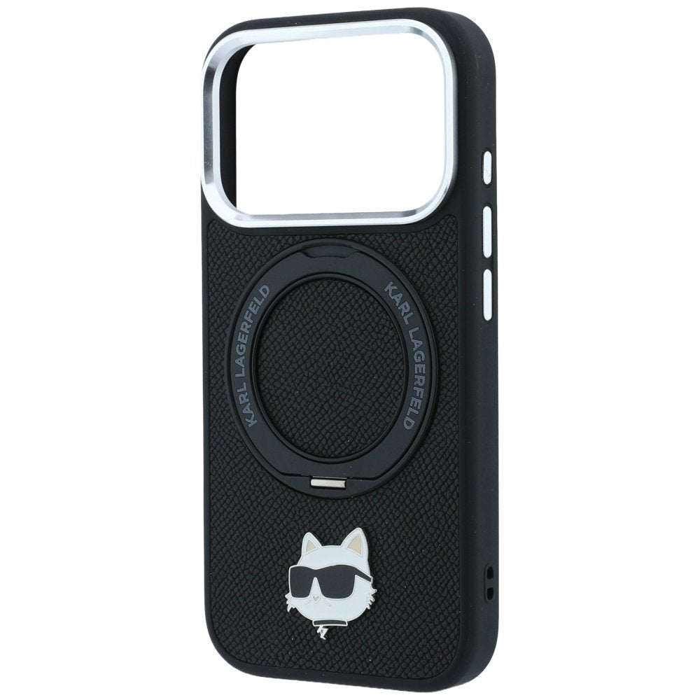 Karl Lagerfeld ar gredzenveida statīvu 360 Choupette Head Pin MagSafe vāciņu iPhone 18 Pro / 17 Pro, melns