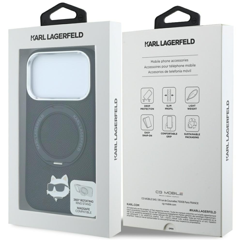 Karl Lagerfeld ar gredzenveida statīvu 360 Choupette Head Pin MagSafe vāciņu iPhone 18 Pro / 17 Pro, melns