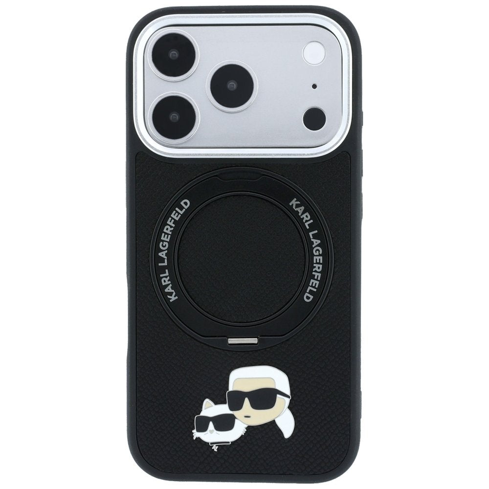 Karl Lagerfeld ar gredzenveida statīvu 360 Karl Choupette Heads Pin MagSafe vāciņu iPhone 18 Pro / 17 Pro, melns