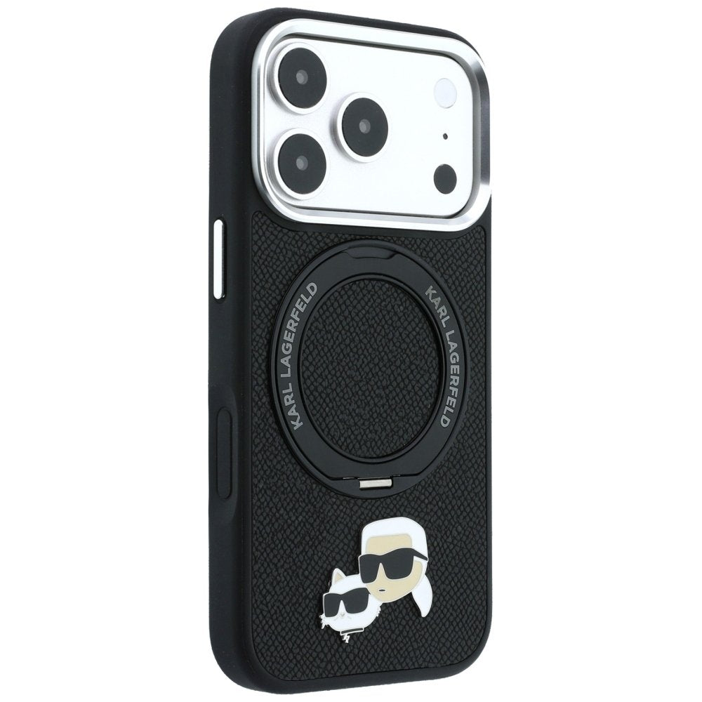 Karl Lagerfeld ar gredzenveida statīvu 360 Karl Choupette Heads Pin MagSafe vāciņu iPhone 18 Pro / 17 Pro, melns