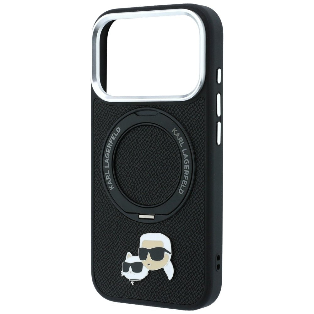 Karl Lagerfeld ar gredzenveida statīvu 360 Karl Choupette Heads Pin MagSafe vāciņu iPhone 18 Pro / 17 Pro, melns