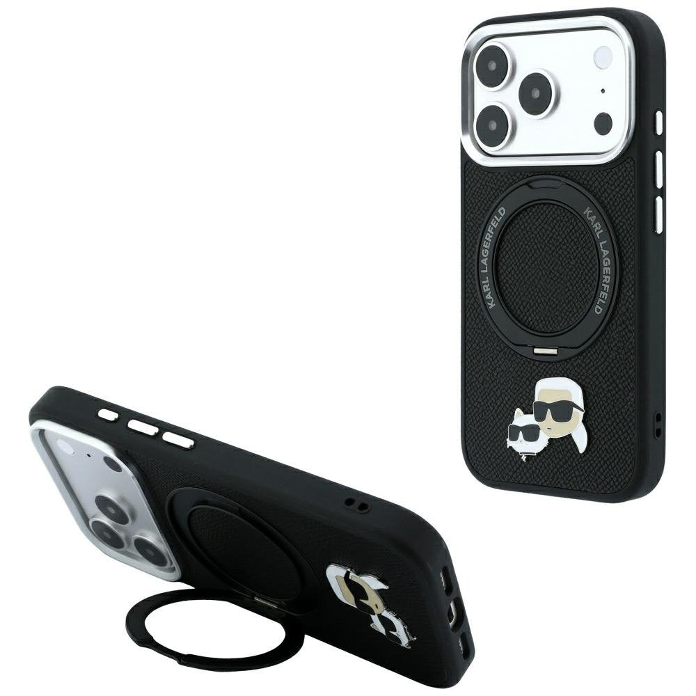Karl Lagerfeld ar Ring Stand 360 Karl Choupette Heads Pin MagSafe vāciņu iPhone 18 Pro Max / 17 Pro Max, melns