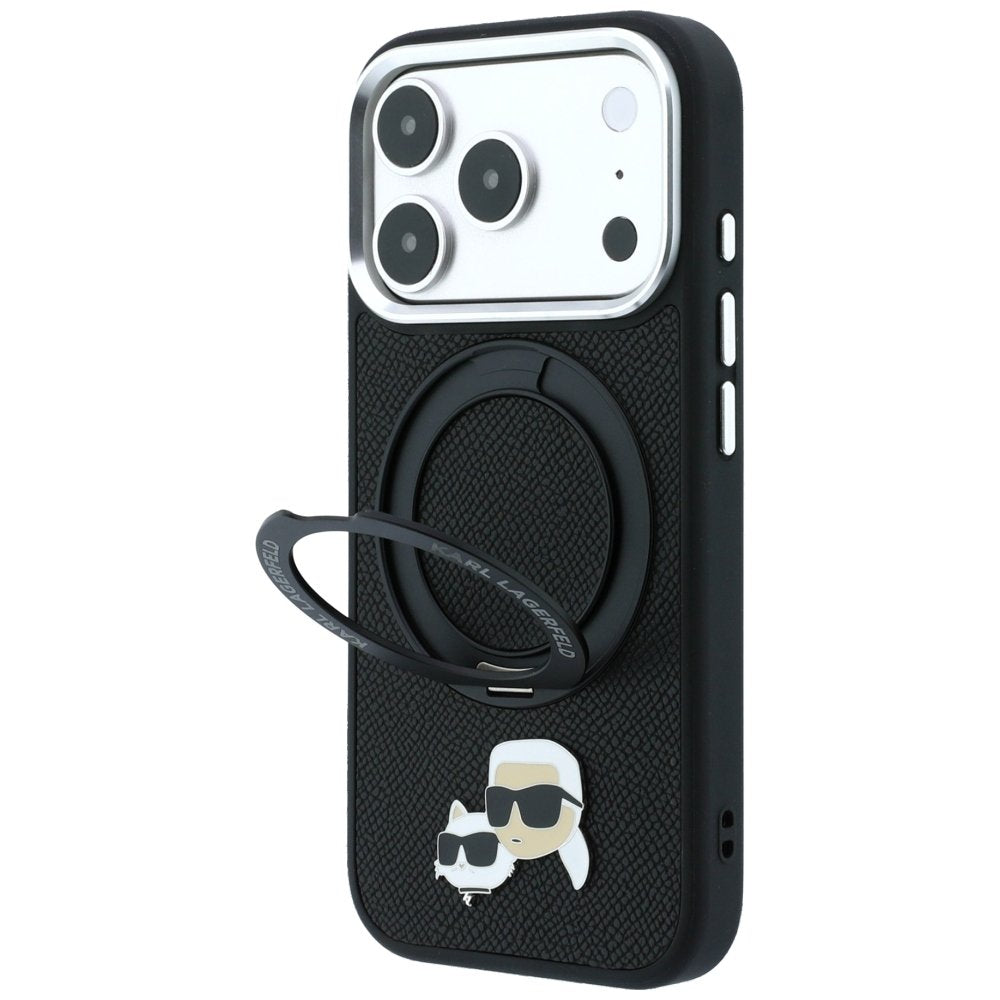 Karl Lagerfeld ar Ring Stand 360 Karl Choupette Heads Pin MagSafe vāciņu iPhone 18 Pro Max / 17 Pro Max, melns