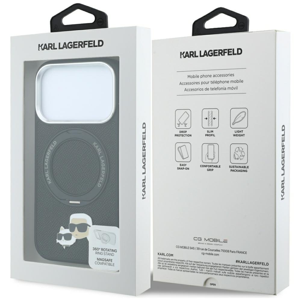 Karl Lagerfeld ar Ring Stand 360 Karl Choupette Heads Pin MagSafe vāciņu iPhone 18 Pro Max / 17 Pro Max, melns