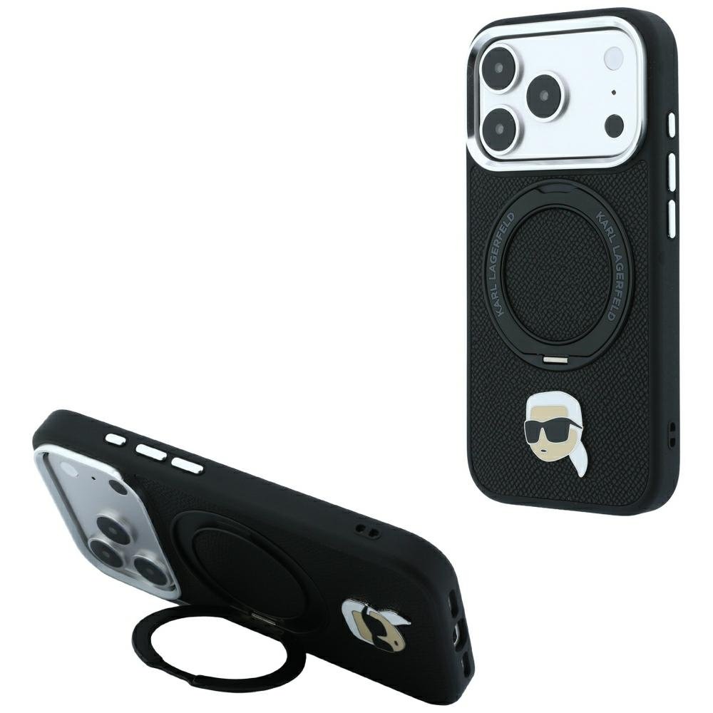 Karl Lagerfeld ar gredzena turētāju 360 Karl Head Pin MagSafe vāciņu iPhone 18 Pro / 17 Pro, melns