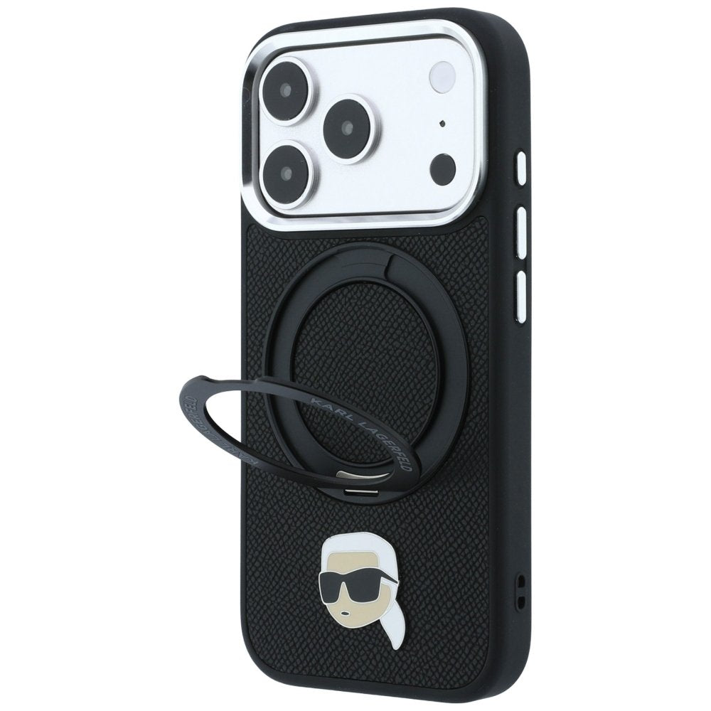 Karl Lagerfeld ar gredzena turētāju 360 Karl Head Pin MagSafe vāciņu iPhone 18 Pro / 17 Pro, melns