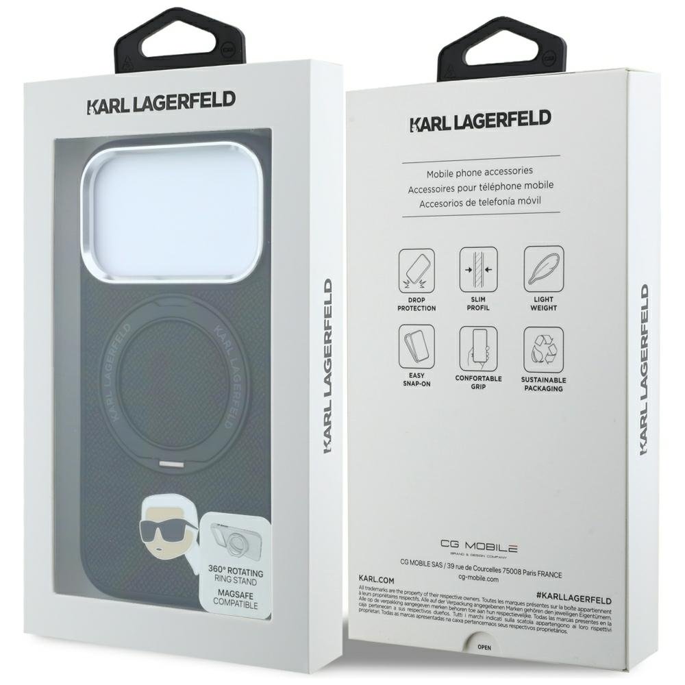 Karl Lagerfeld ar gredzena turētāju 360 Karl Head Pin MagSafe vāciņu iPhone 18 Pro / 17 Pro, melns