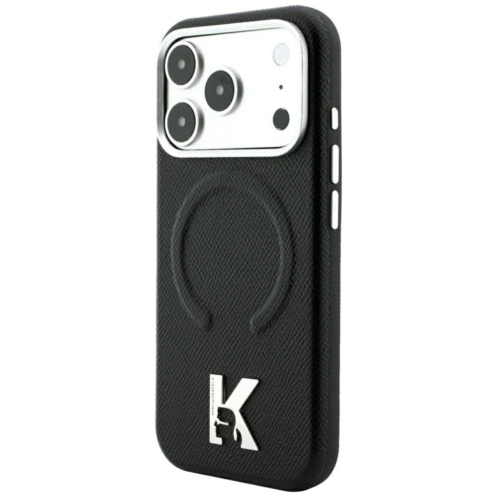 Karl Lagerfeld teksturēts, reljefs gredzens ar Kameo logotipu un MagSafe funkciju iPhone 18 Pro / 17 Pro melnā krāsā