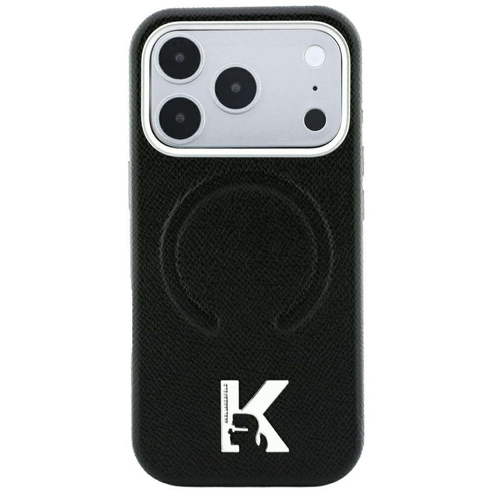 Karl Lagerfeld teksturēts, reljefs gredzens ar Kameo logotipu un MagSafe funkciju iPhone 18 Pro / 17 Pro melnā krāsā