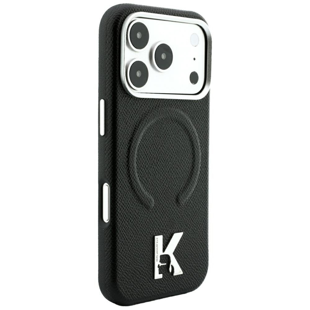 Karl Lagerfeld teksturēts, reljefs gredzens ar Kameo logotipu un MagSafe funkciju iPhone 18 Pro / 17 Pro melnā krāsā