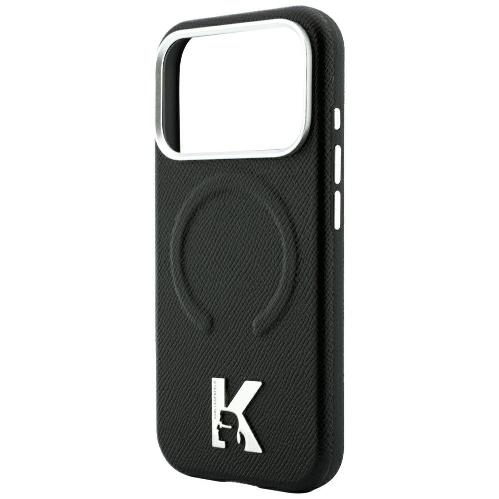 Karl Lagerfeld teksturēts, reljefs gredzens ar Kameo logotipu un MagSafe funkciju iPhone 18 Pro / 17 Pro melnā krāsā