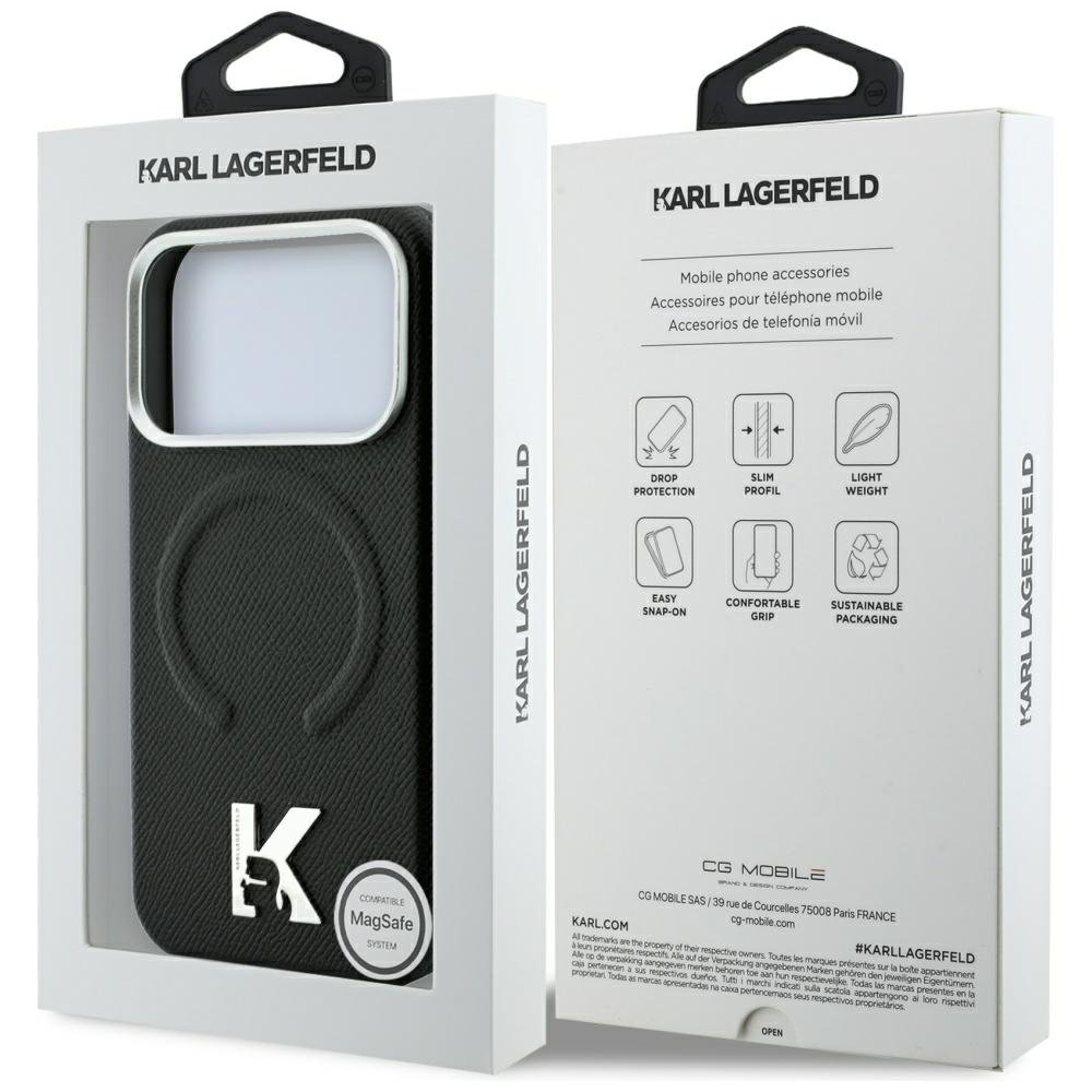 Karl Lagerfeld teksturēts, reljefs gredzens ar Kameo logotipu un MagSafe funkciju iPhone 18 Pro / 17 Pro melnā krāsā