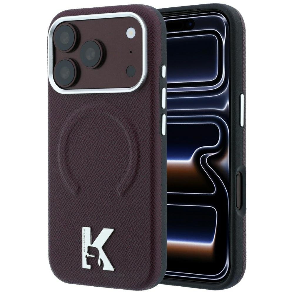 Karl Lagerfeld iPhone 18 Pro / 17 Pro vāciņš ar graudainu reljefu, kamejas logotipu un MagSafe funkciju, bordo krāsā