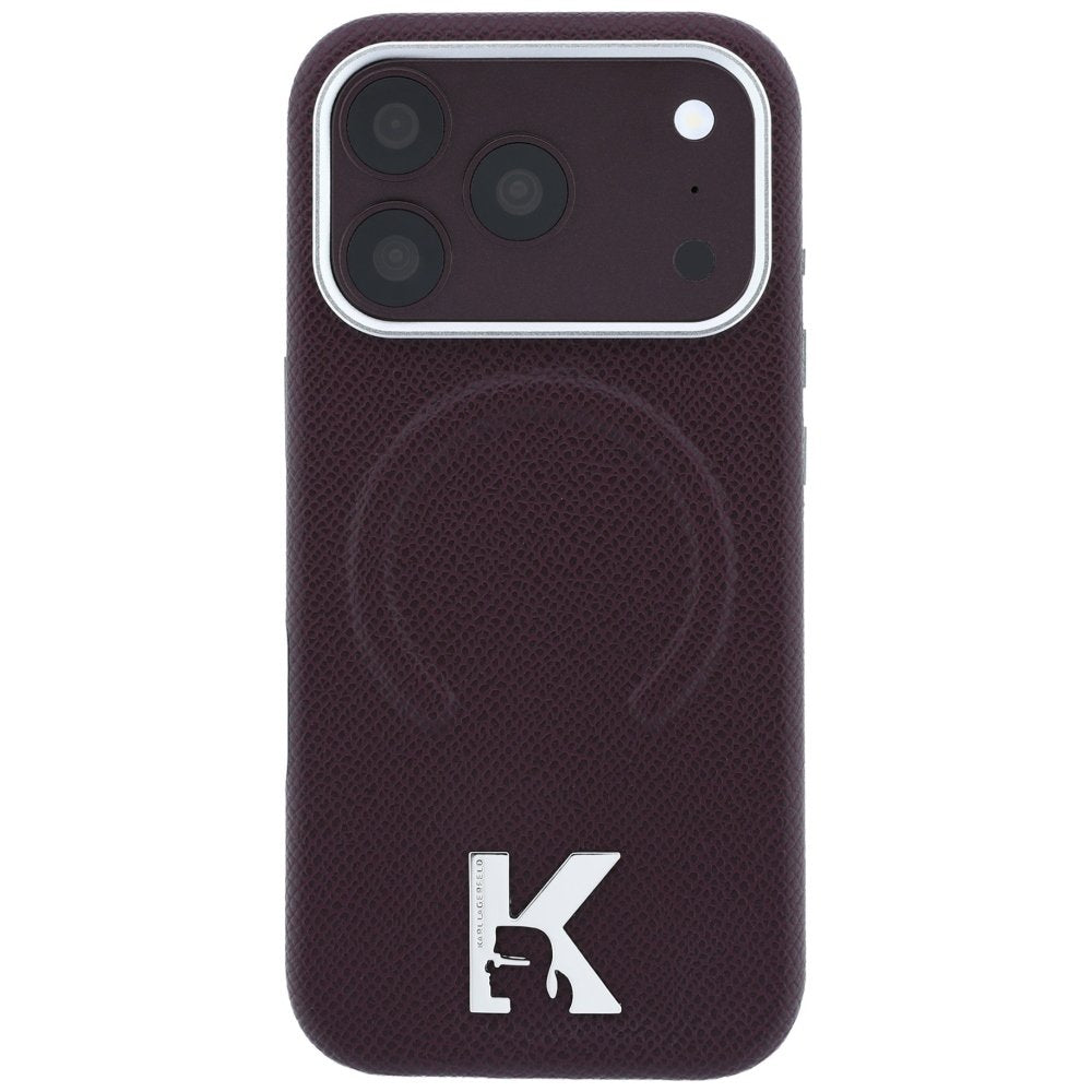 Karl Lagerfeld iPhone 18 Pro / 17 Pro vāciņš ar graudainu reljefu, kamejas logotipu un MagSafe funkciju, bordo krāsā