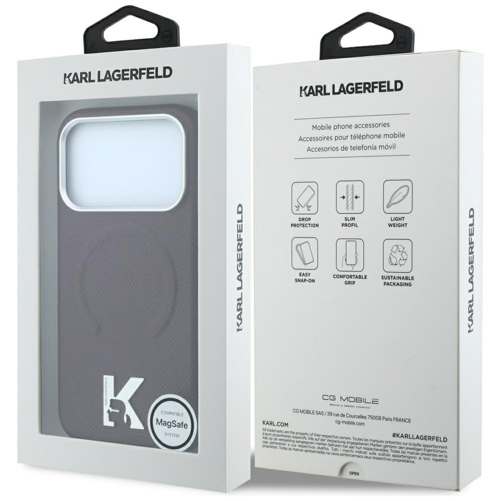 Karl Lagerfeld iPhone 18 Pro / 17 Pro vāciņš ar graudainu reljefu, kamejas logotipu un MagSafe funkciju, bordo krāsā