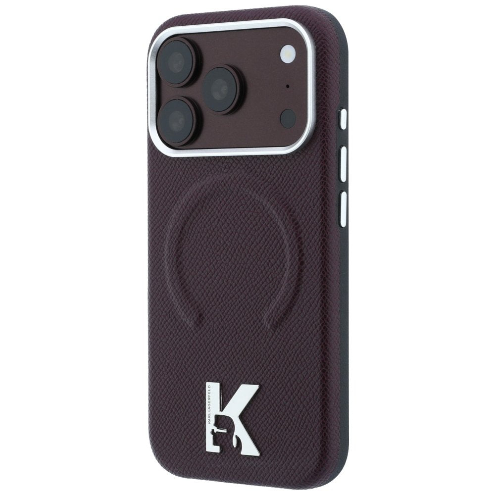 Karl Lagerfeld gredzens ar reljefu un kamejas logotipu, MagSafe vāciņš iPhone 18 Pro Max / 17 Pro Max, bordo krāsā