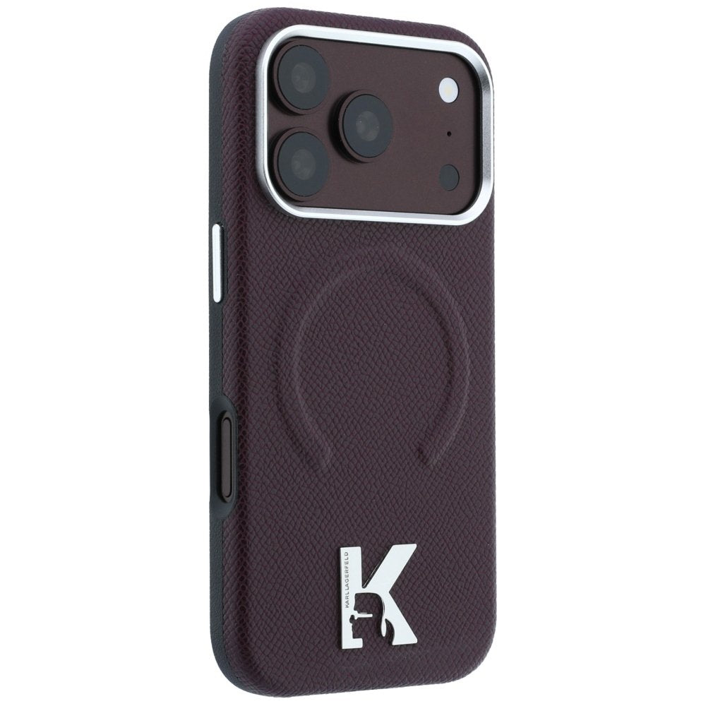 Karl Lagerfeld gredzens ar reljefu un kamejas logotipu, MagSafe vāciņš iPhone 18 Pro Max / 17 Pro Max, bordo krāsā