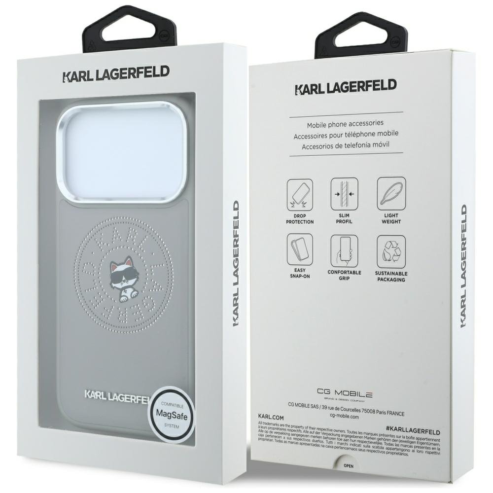 Karl Lagerfeld Point Choupette Sketch MagSafe vāciņš iPhone 18 Pro / 17 Pro, pelēks