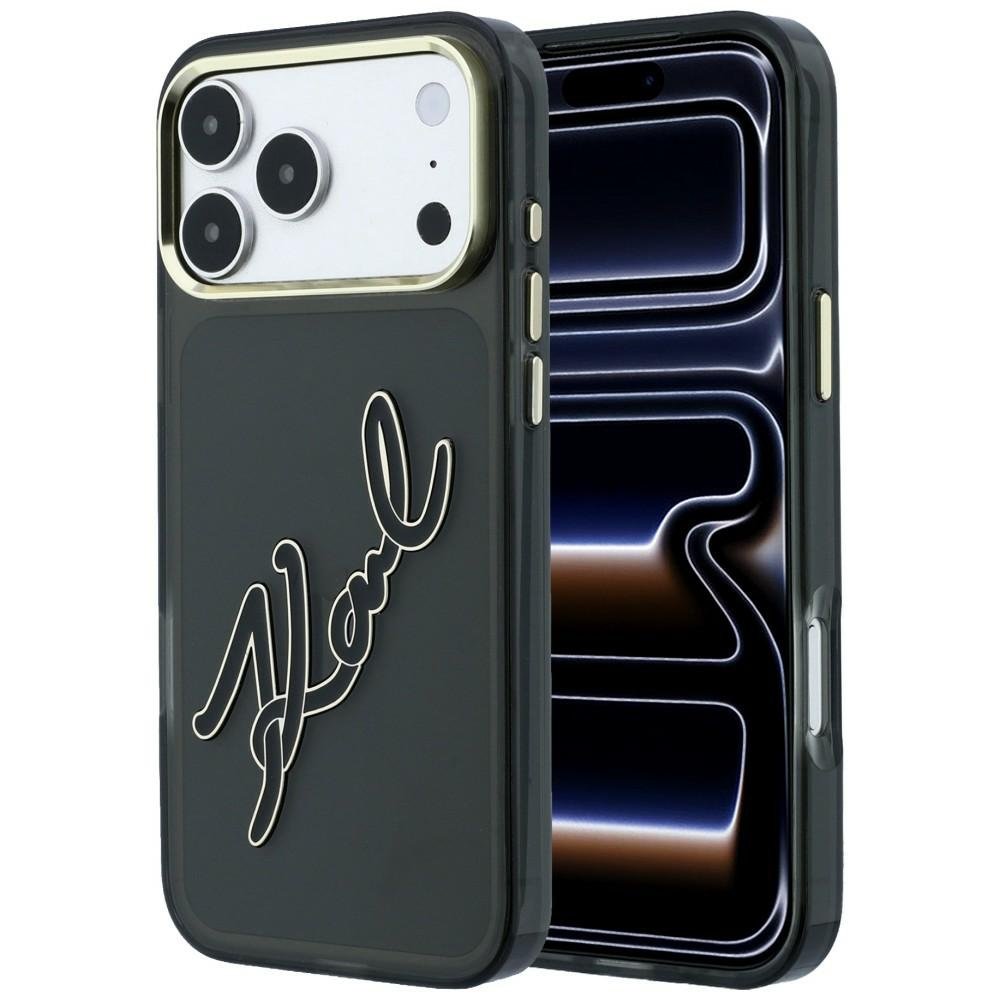 Karl Lagerfeld IML Big Signature rāmītis no sveķiem un metāla iPhone 18 Pro / 17 Pro, melns