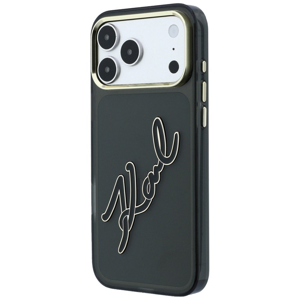 Karl Lagerfeld IML Big Signature rāmītis no sveķiem un metāla iPhone 18 Pro / 17 Pro, melns