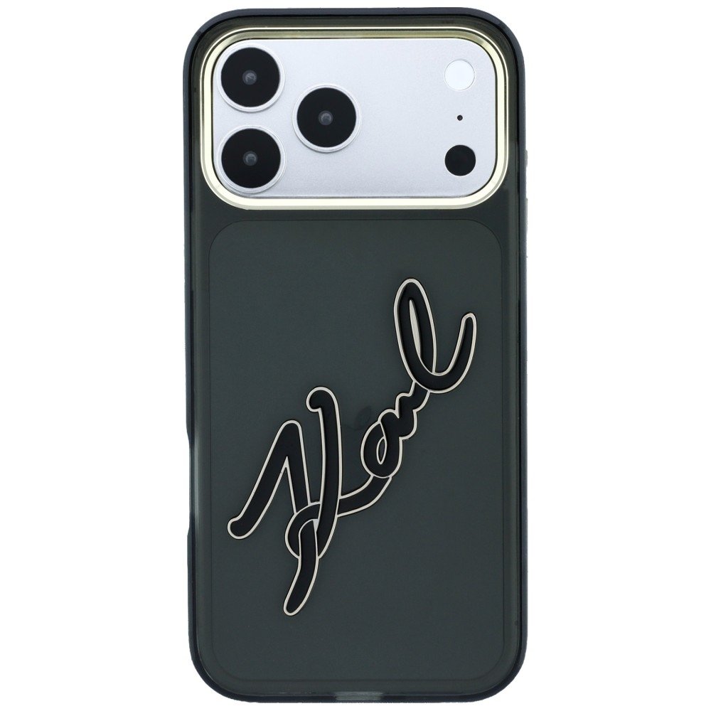 Karl Lagerfeld IML Big Signature rāmītis no sveķiem un metāla iPhone 18 Pro / 17 Pro, melns