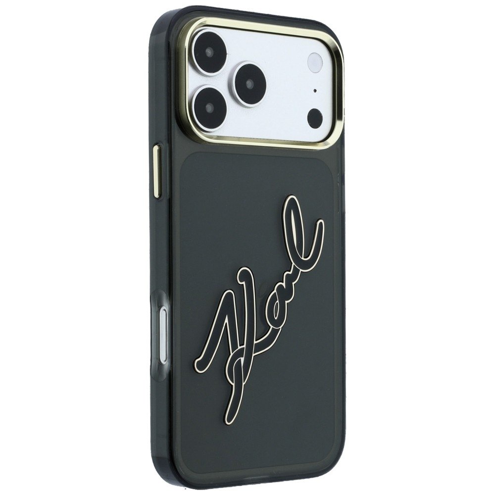 Karl Lagerfeld IML Big Signature rāmītis no sveķiem un metāla iPhone 18 Pro / 17 Pro, melns