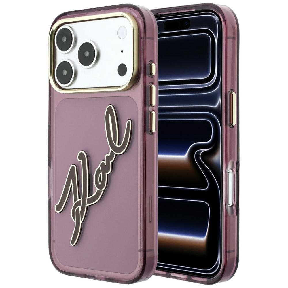 Karl Lagerfeld IML Big Signature rāmītis no sveķiem un metāla iPhone 18 Pro / 17 Pro, bordo krāsā