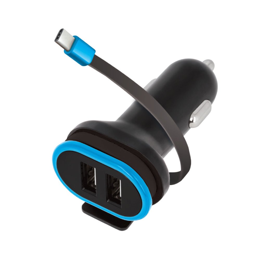 Forever CC-02 automašīnas lādētājs 2x USB 3A melns ar USB-C kabeli 0,2 m