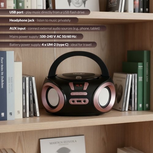 CD-MP3 boombox | USB | FM radio | AUX | Austiņu ligzda
