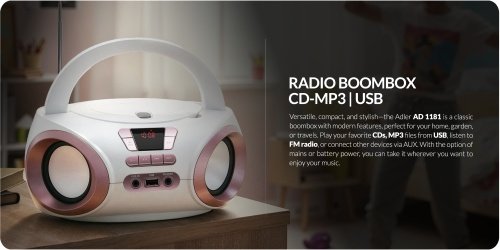 CD-MP3 boombox | USB | FM radio | AUX | Austiņu ligzda