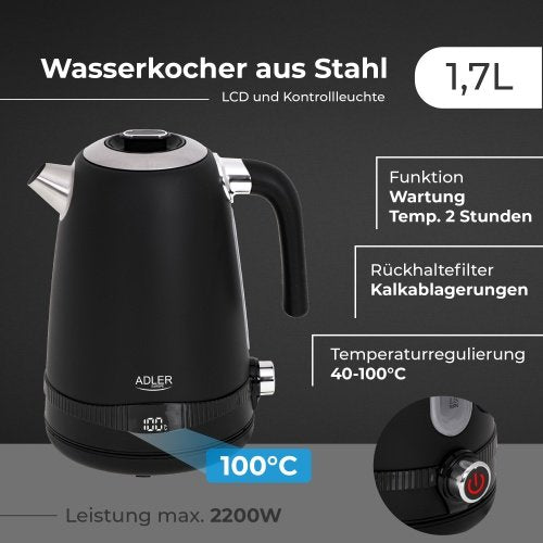 Tējkanna 1,7L ar LCD displeju & temperatūras regulācija, melna