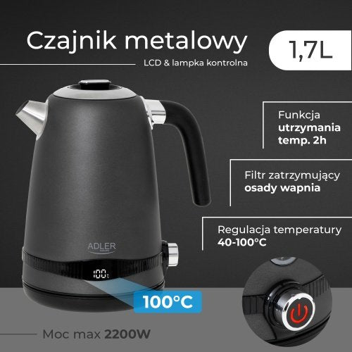 Pelēka tējkanna 1,7L ar LCD displeju & temperatūras regulācija