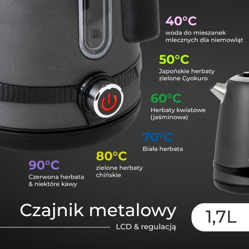 Pelēka tējkanna 1,7L ar LCD displeju & temperatūras regulācija