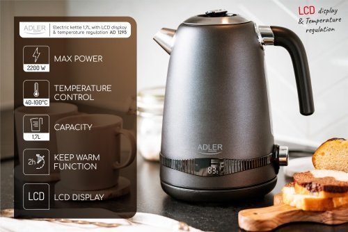 Pelēka tējkanna 1,7L ar LCD displeju & temperatūras regulācija