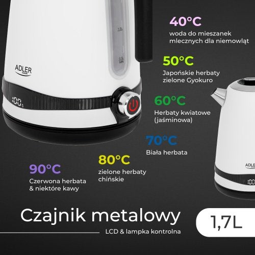 Tējkanna 1,7L ar LCD displeju & temperatūras regulācija, balta