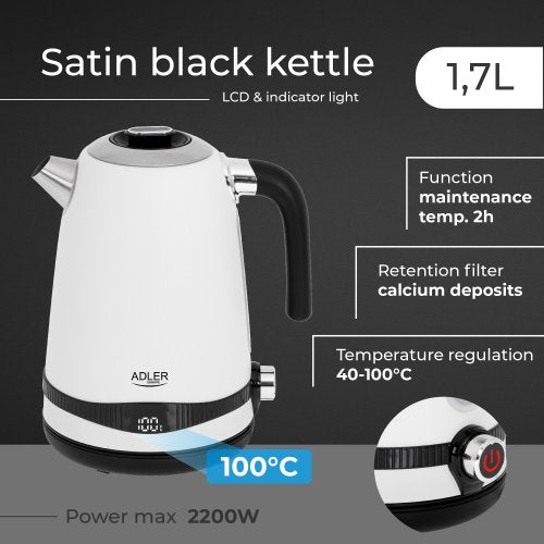 Tējkanna 1,7L ar LCD displeju & temperatūras regulācija, balta