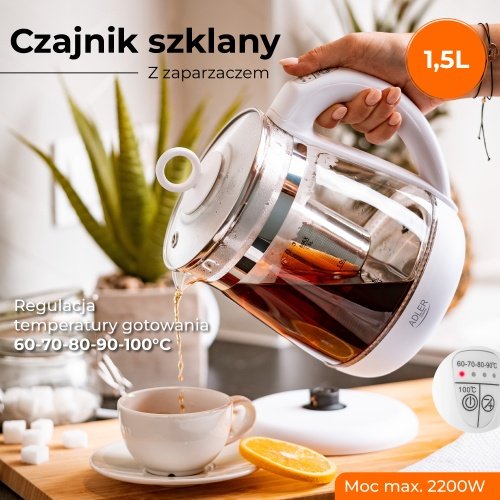 Tējkanna stikla 1,5 l - ar temperatūras vadība un tea infuser