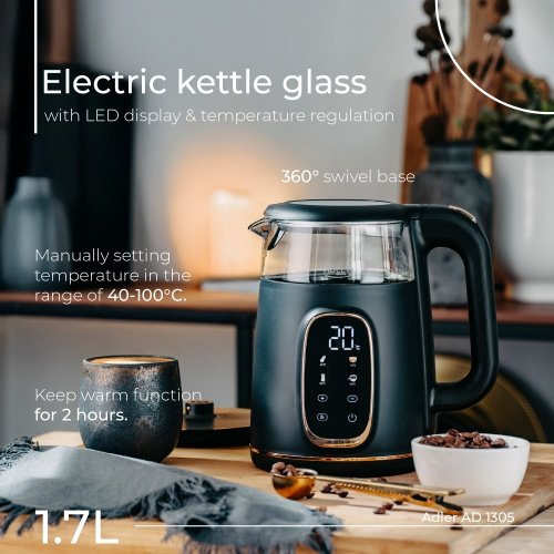 Elektriskā stikla tējkanna ar LED displeju & temperatūras regulēšanu 1,7L