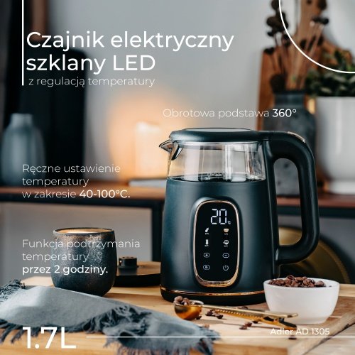 Elektriskā stikla tējkanna ar LED displeju & temperatūras regulēšanu 1,7L