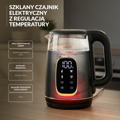 Elektriskā stikla tējkanna ar LED displeju & temperatūras regulēšanu 1,7L
