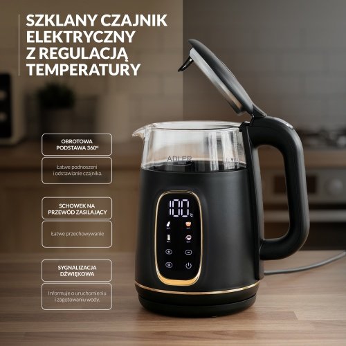 Elektriskā stikla tējkanna ar LED displeju & temperatūras regulēšanu 1,7L
