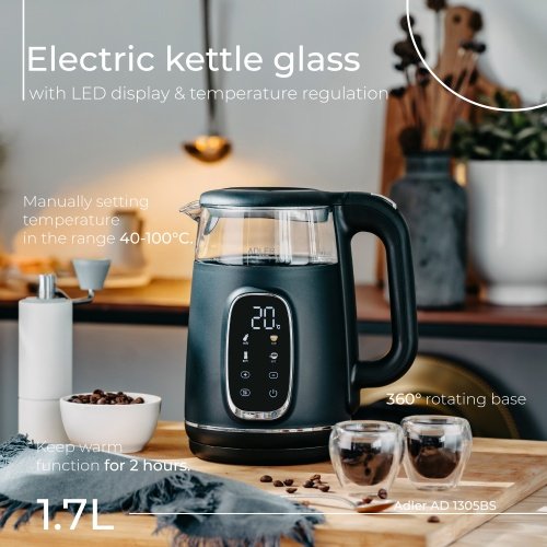 Elektriskā stikla tējkanna ar LED displeju & temperatūras regulēšanu 1,7L