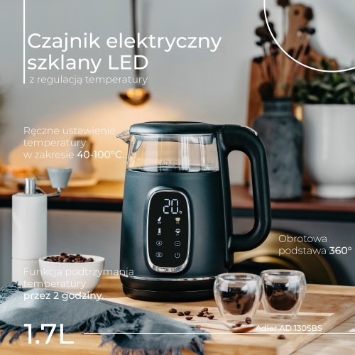 Elektriskā stikla tējkanna ar LED displeju & temperatūras regulēšanu 1,7L