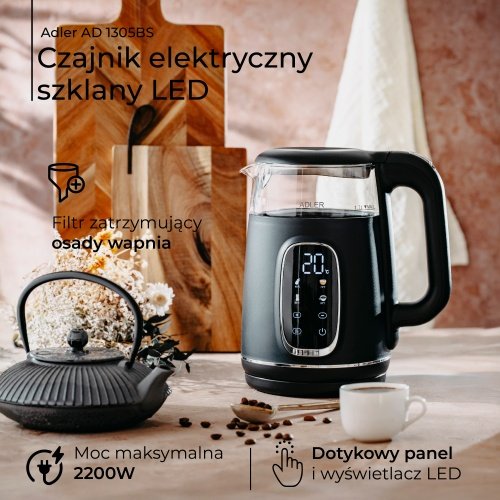 Elektriskā stikla tējkanna ar LED displeju & temperatūras regulēšanu 1,7L