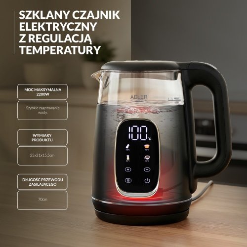 Elektriskā stikla tējkanna ar LED displeju & temperatūras regulēšanu 1,7L