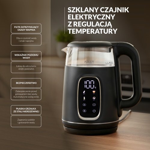 Elektriskā stikla tējkanna ar LED displeju & temperatūras regulēšanu 1,7L