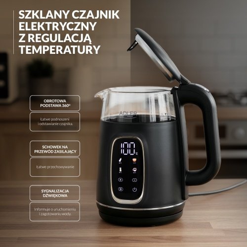 Elektriskā stikla tējkanna ar LED displeju & temperatūras regulēšanu 1,7L