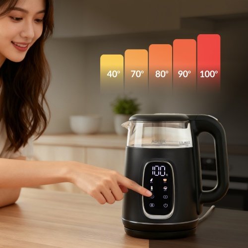 Elektriskā stikla tējkanna ar LED displeju & temperatūras regulēšanu 1,7L